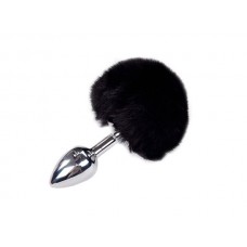 Металлическая анальная пробка Кроличий хвостик Alive Fluffy Plug S Black, диаметр 2,8 см