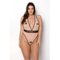Боді Passion Viena Body 6XL/7XL beige, контрастне, бантики, вставка-сітка, відкриті сідниці