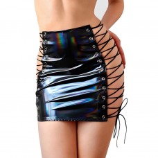 Лакированная юбка на шнуровке Art of Sex - Molly, цвет черный с эффектом голограммы, L-2XL